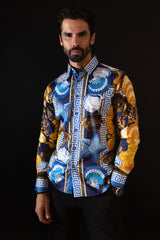 Barabas Wholesale Men's Rhinestone Sea Animals Prints Long Sleeve Shirt SPR233 Blue