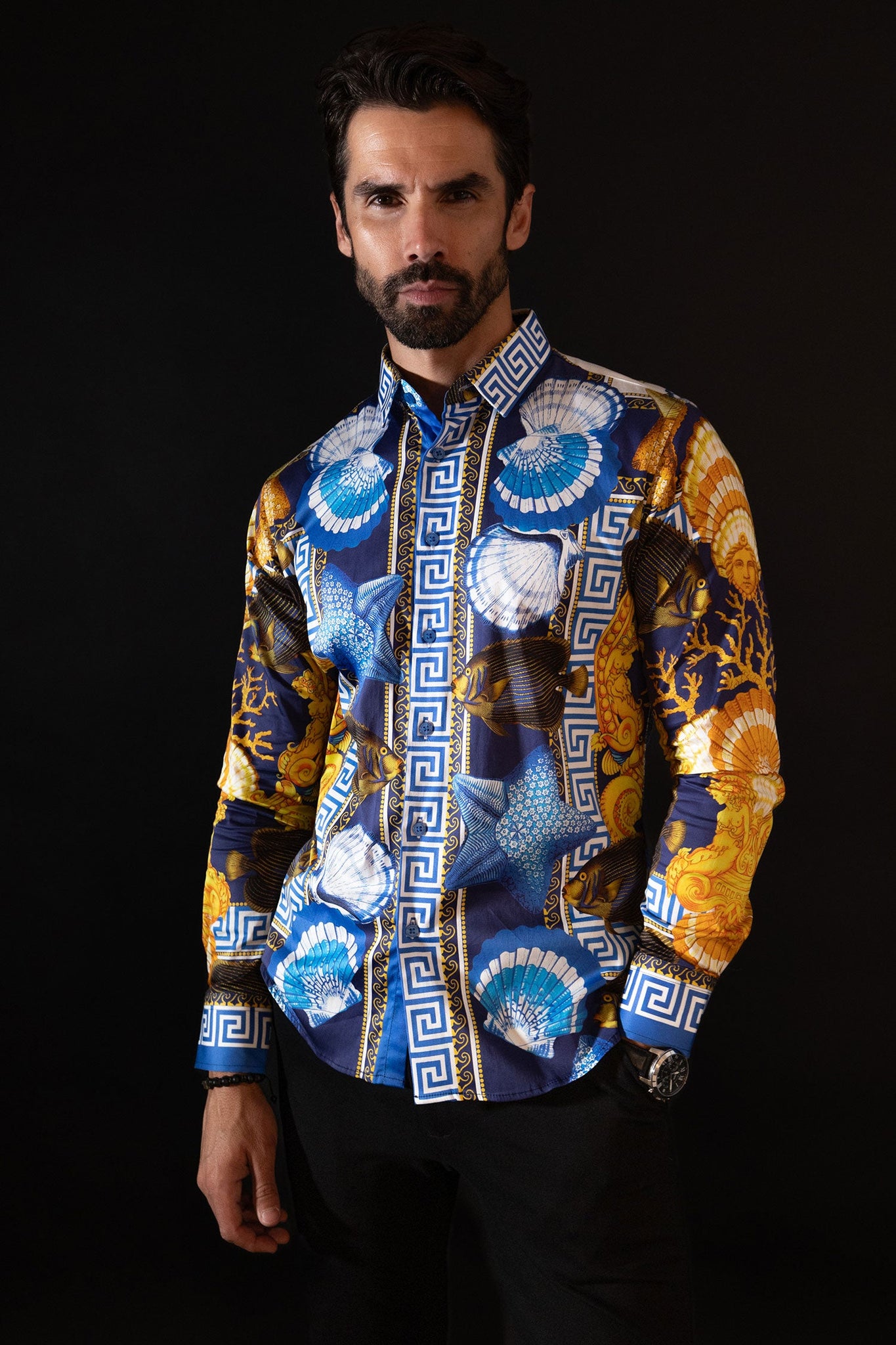 Barabas Wholesale Men's Rhinestone Sea Animals Prints Long Sleeve Shirt SPR233 Blue