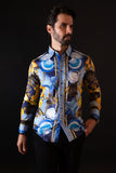 Barabas Wholesale Men's Rhinestone Sea Animals Prints Long Sleeve Shirt SPR233 Blue