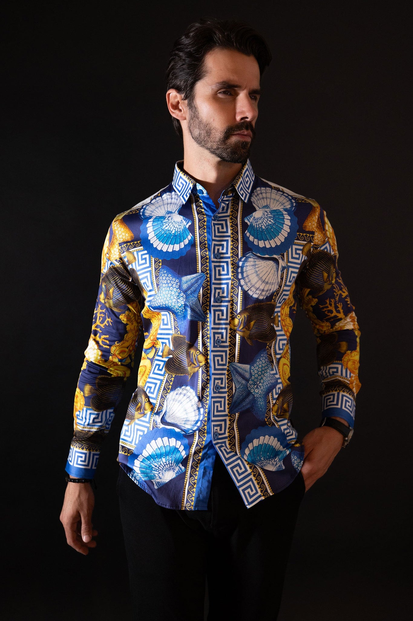 Barabas Wholesale Men's Rhinestone Sea Animals Prints Long Sleeve Shirt SPR233 Blue