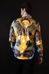 Barabas Wholesale Men's Rhinestone Sea Animals Prints Long Sleeve Shirt SPR233 Blue
