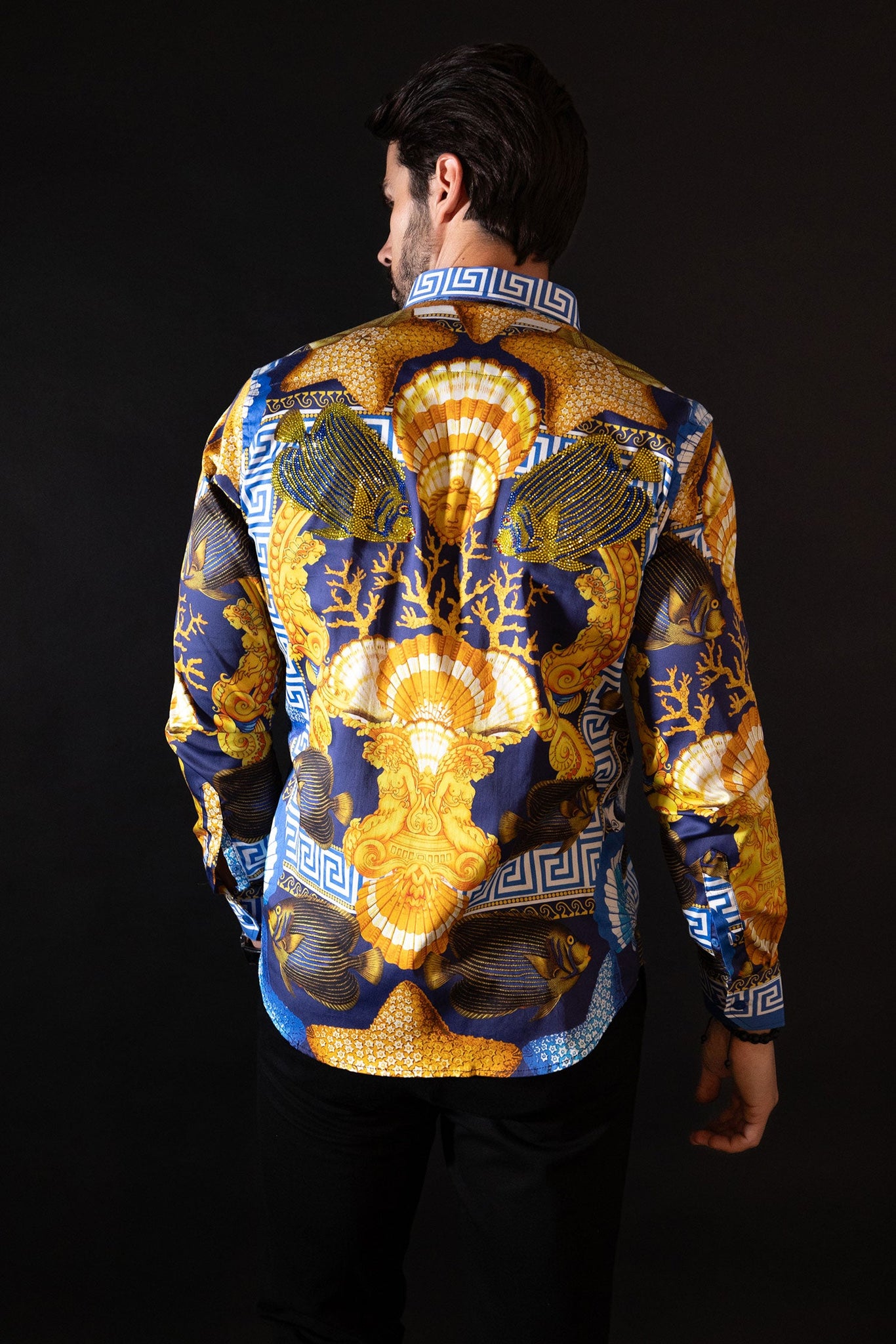 Barabas Wholesale Men's Rhinestone Sea Animals Prints Long Sleeve Shirt SPR233 Blue