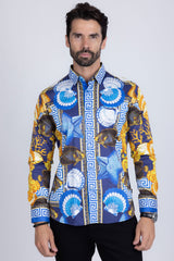 Barabas Wholesale Men's Rhinestone Sea Animals Prints Long Sleeve Shirt SPR233 Blue
