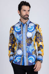 Barabas Wholesale Men's Rhinestone Sea Animals Prints Long Sleeve Shirt SPR233 Blue