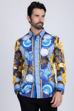 Barabas Wholesale Men's Rhinestone Sea Animals Prints Long Sleeve Shirt SPR233 Blue