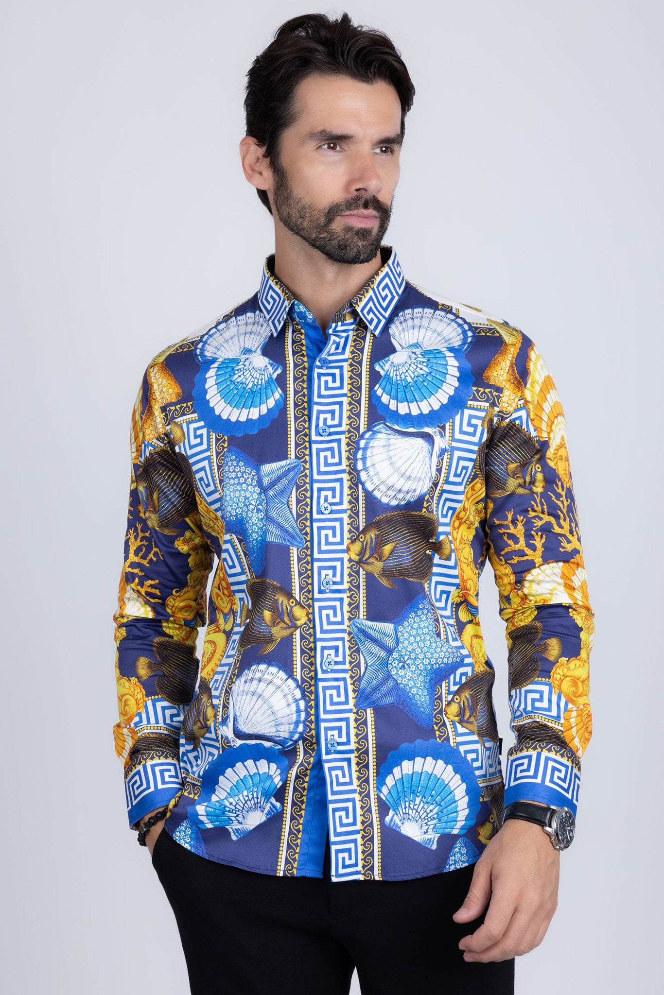 Barabas Wholesale Men's Rhinestone Sea Animals Prints Long Sleeve Shirt SPR233 Blue