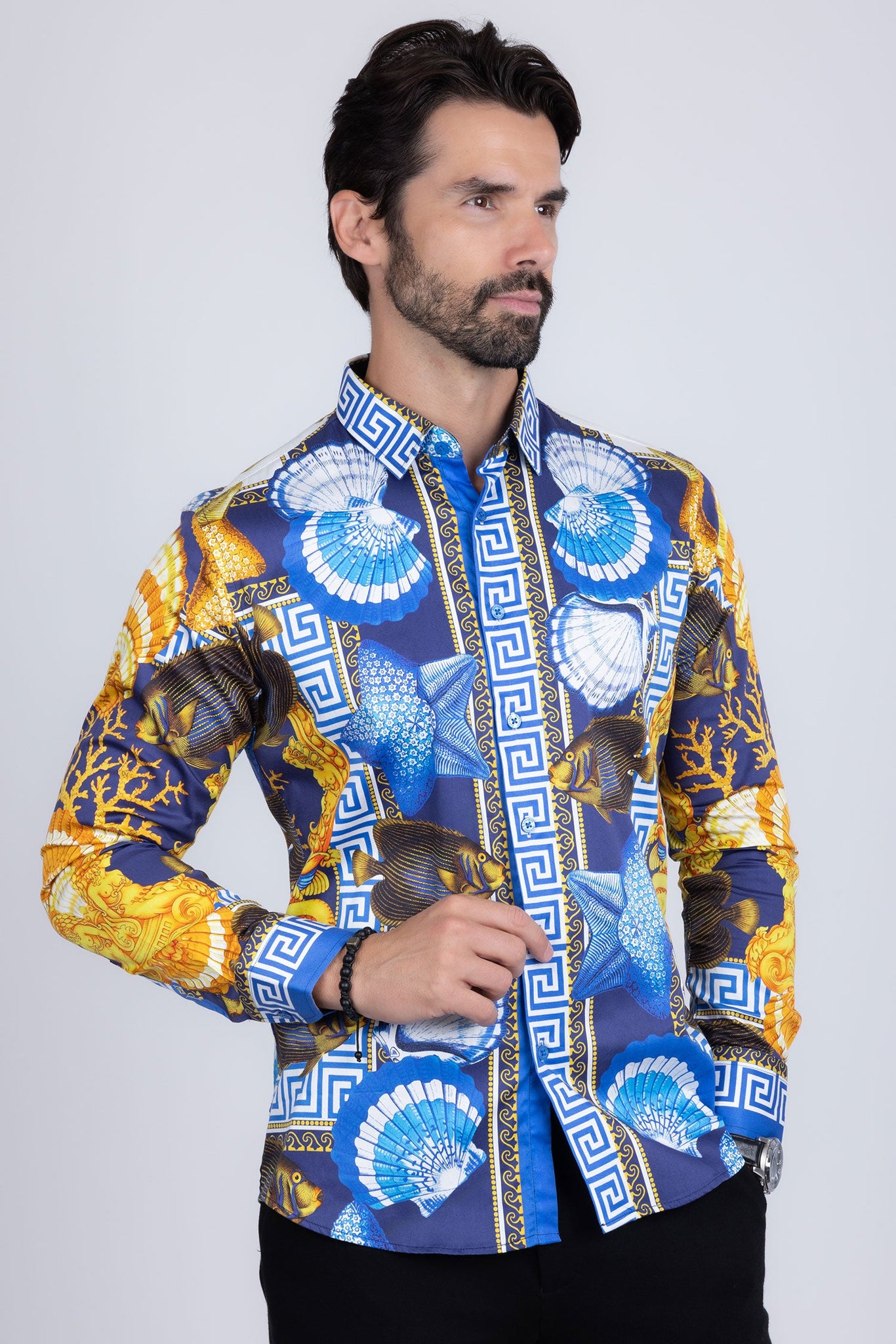 Barabas Wholesale Men's Rhinestone Sea Animals Prints Long Sleeve Shirt SPR233 Multi Colored