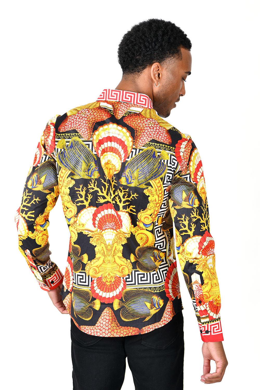 Barabas Wholesale Men's Rhinestone Sea Animals Prints Long Sleeve Shirt SPR233 Red