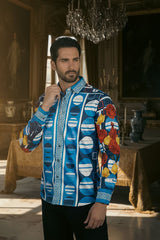 Barabas Wholesale Men's Rhinestone Floral Geometric Long Sleeve Shirt SPR235 Blue