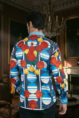 Barabas Wholesale Men's Rhinestone Floral Geometric Long Sleeve Shirt SPR235 Blue