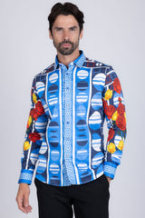 Barabas Wholesale Men's Rhinestone Floral Geometric Long Sleeve Shirt SPR235 Blue