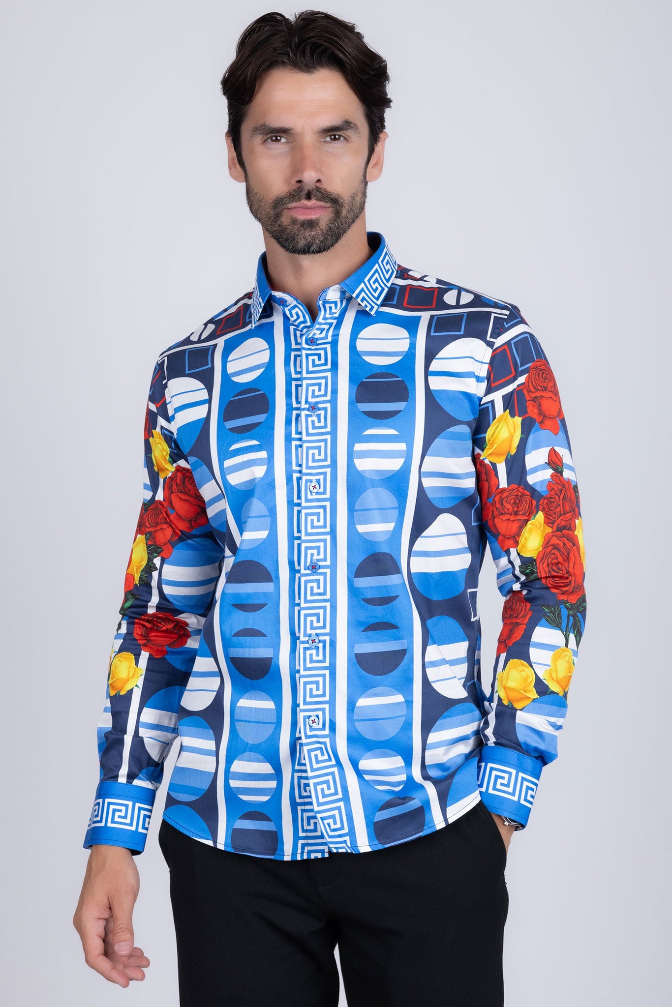 Barabas Wholesale Men's Rhinestone Floral Geometric Long Sleeve Shirt SPR235 Blue