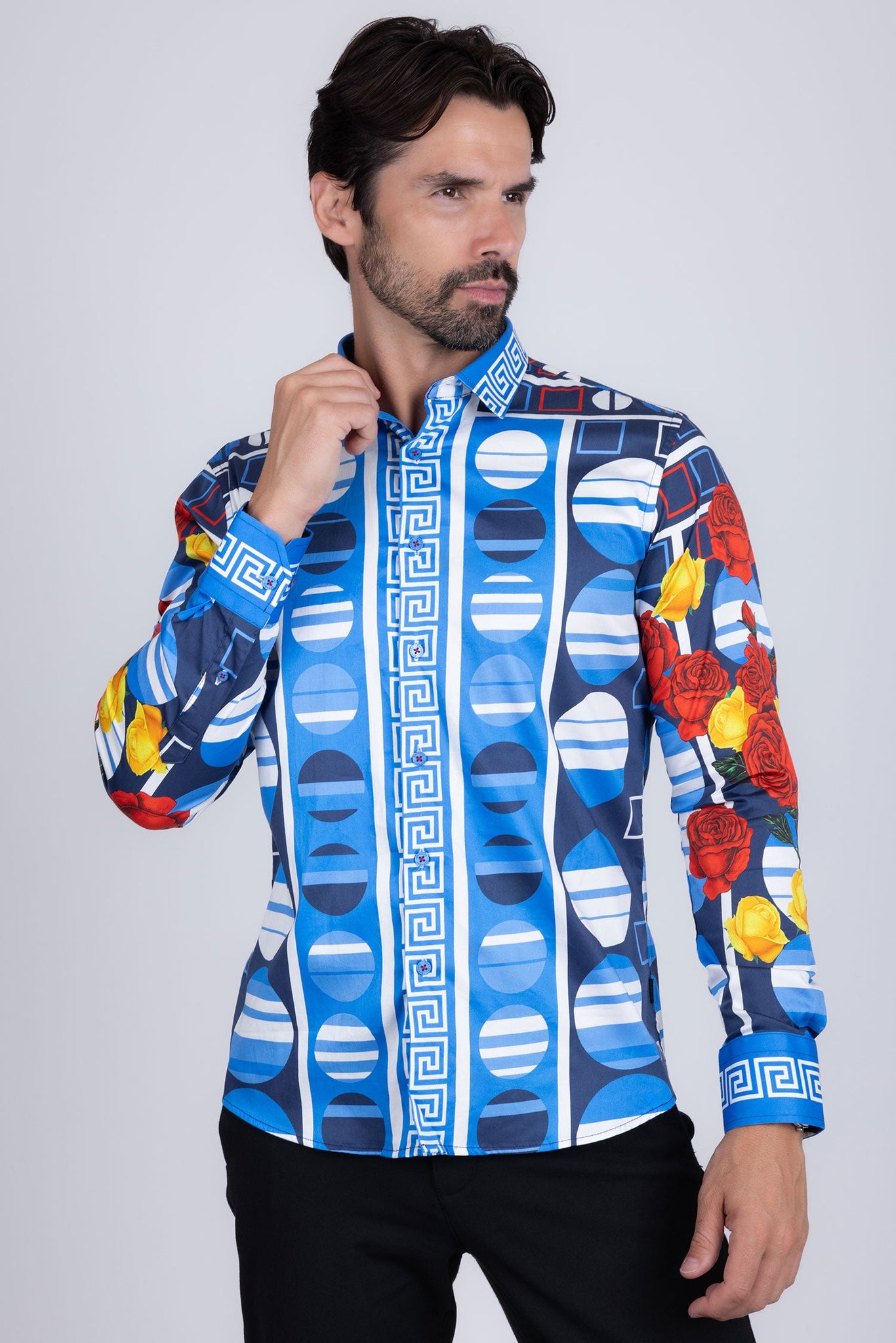 Barabas Wholesale Men's Rhinestone Floral Geometric Long Sleeve Shirt SPR235 Blue
