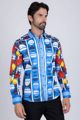 Barabas Wholesale Men's Rhinestone Floral Geometric Long Sleeve Shirt SPR235 Red