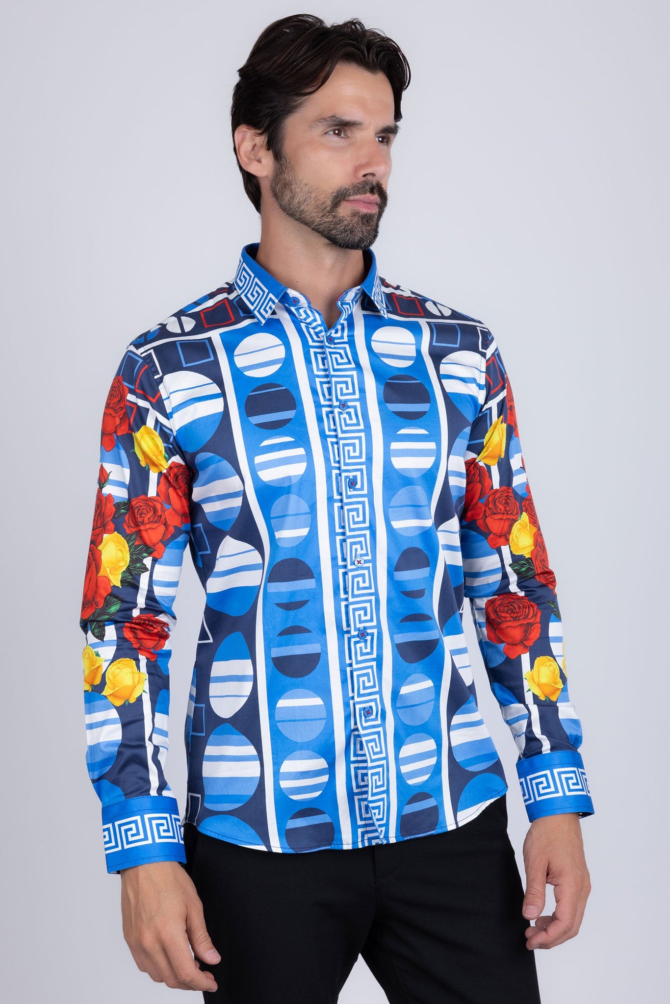 Barabas Wholesale Men's Rhinestone Floral Geometric Long Sleeve Shirt SPR235 Red