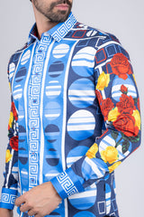 Barabas Wholesale Men's Rhinestone Floral Geometric Long Sleeve Shirt SPR235 Blue