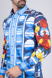 Barabas Wholesale Men's Rhinestone Floral Geometric Long Sleeve Shirt SPR235 Blue