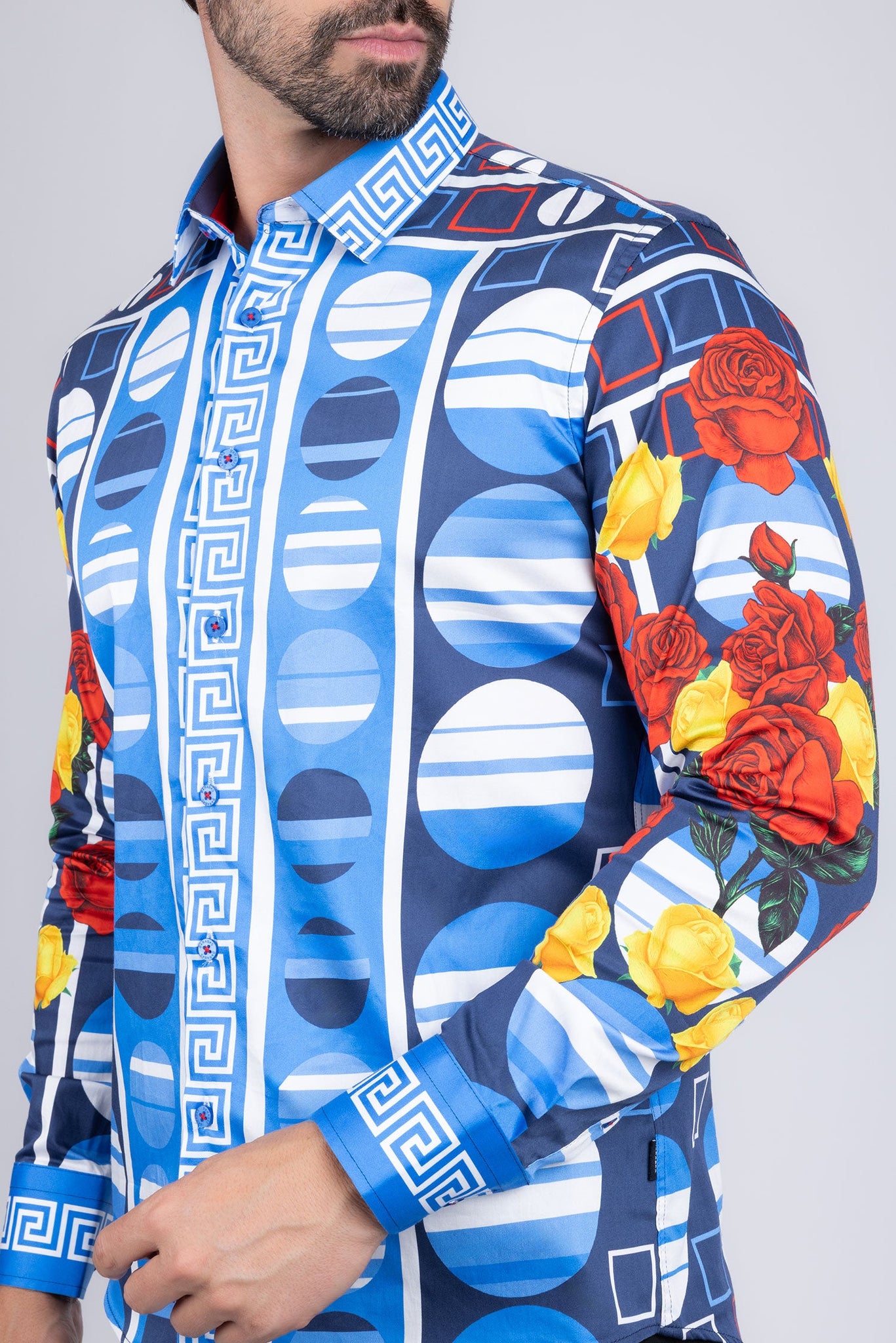 Barabas Wholesale Men's Rhinestone Floral Geometric Long Sleeve Shirt SPR235 Blue