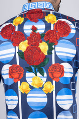 Barabas Wholesale Men's Rhinestone Floral Geometric Long Sleeve Shirt SPR235 Blue
