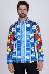 Barabas Wholesale Men's Rhinestone Floral Geometric Long Sleeve Shirt SPR235 Blue