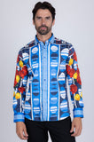 Barabas Wholesale Men's Rhinestone Floral Geometric Long Sleeve Shirt SPR235 Blue