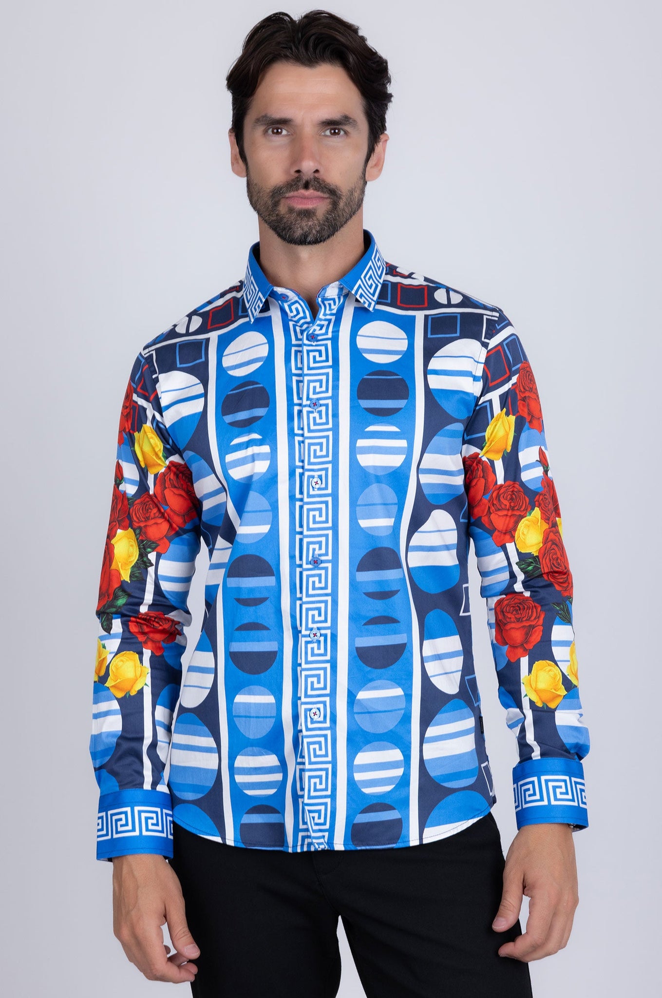 Barabas Wholesale Men's Rhinestone Floral Geometric Long Sleeve Shirt SPR235 Blue