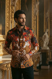 Barabas Wholesale Men's Rhinestone Medusa Floral Prints Long Sleeve Shirt SPR262 Red