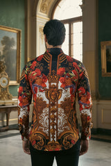 Barabas Wholesale Men's Rhinestone Medusa Floral Prints Long Sleeve Shirt SPR262 Red