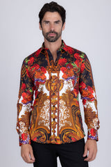 Barabas Wholesale Men's Rhinestone Medusa Floral Prints Long Sleeve Shirt SPR262 Black
