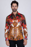 Barabas Wholesale Men's Rhinestone Medusa Floral Prints Long Sleeve Shirt SPR262 Black