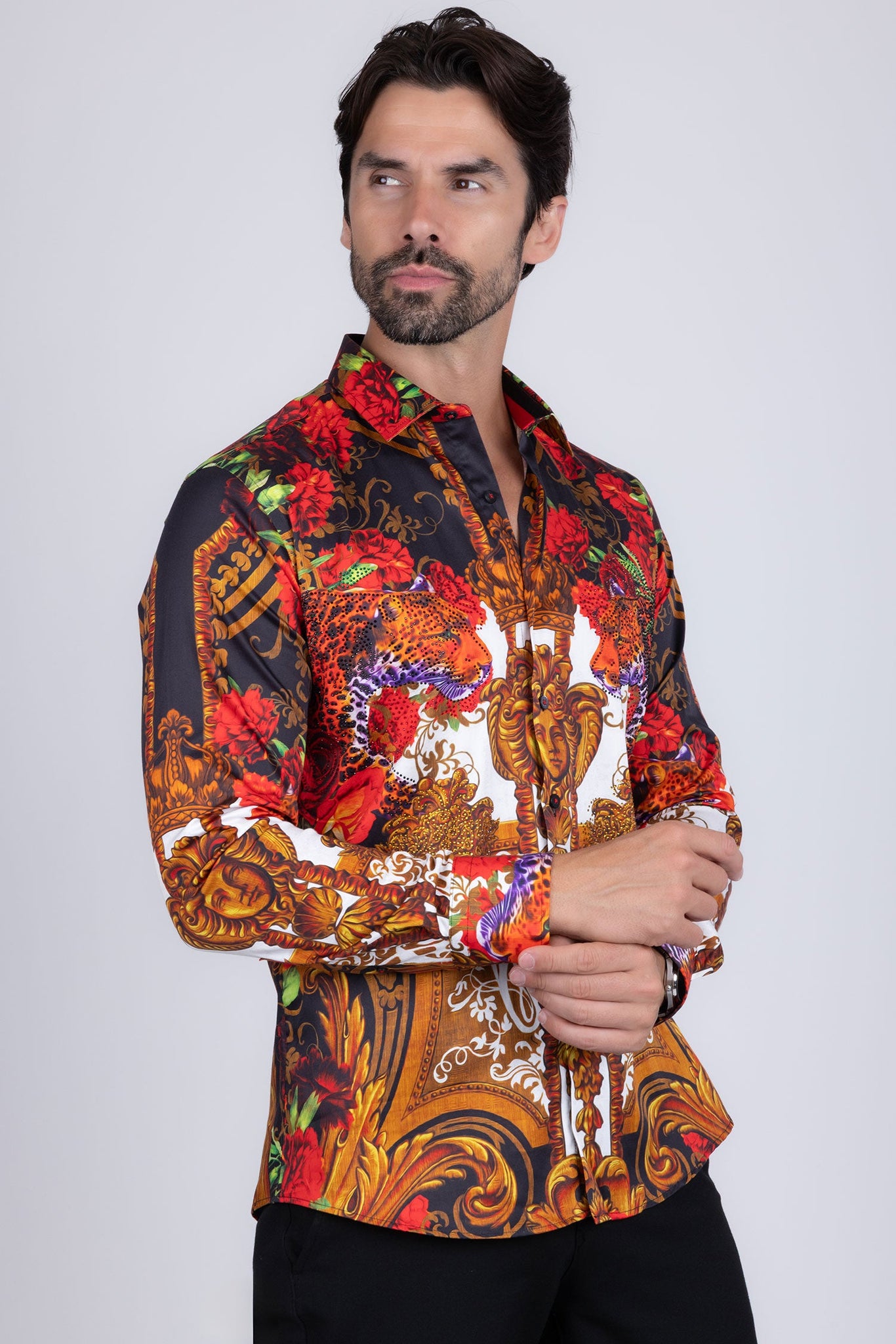Barabas Wholesale Men's Rhinestone Medusa Floral Prints Long Sleeve Shirt SPR262 Red