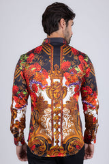 Barabas Wholesale Men's Rhinestone Medusa Floral Prints Long Sleeve Shirt SPR262 Rust