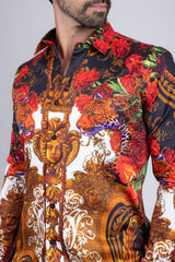Barabas Wholesale Men's Rhinestone Medusa Floral Prints Long Sleeve Shirt SPR262 Red
