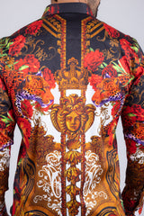 Barabas Wholesale Men's Rhinestone Medusa Floral Prints Long Sleeve Shirt SPR262 Brown
