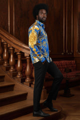 Barabas Wholesale Men Medusa Floral Print Design Button Down Luxury Shirt SPR265 Royal Blue