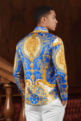 Barabas Wholesale Men Medusa Floral Print Design Button Down Luxury Shirt SPR265 Royal Blue