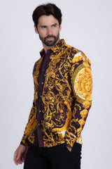 Barabas Wholesale Men Medusa Floral Print Design Button Down Luxury Shirt SPR265 Brown