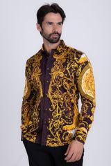 Barabas Wholesale Men Medusa Floral Print Design Button Down Luxury Shirt SPR265 Brown