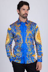 Barabas Wholesale Men Medusa Floral Print Design Button Down Luxury Shirt SPR265 Royal Blue