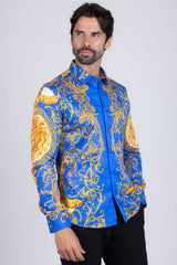 Barabas Wholesale Men Medusa Floral Print Design Button Down Luxury Shirt SPR265 Royal Blue
