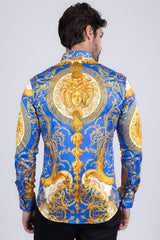 Barabas Wholesale Men Medusa Floral Print Design Button Down Luxury Shirt SPR265 Royal Blue