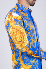 Barabas Wholesale Men Medusa Floral Print Design Button Down Luxury Shirt SPR265 Royal Blue
