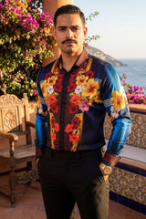 Barabas Wholesale Men's Rhinestone Floral Tiger Greek Pattern shirts SPR612 navy
