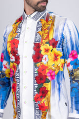 Barabas Wholesale Men's Rhinestone Floral Tiger Greek Pattern shirts SPR612 White Blue