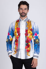 Barabas Wholesale Men's Rhinestone Floral Tiger Greek Pattern shirts SPR612 White Blue