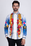 Barabas Wholesale Men's Rhinestone Floral Tiger Greek Pattern shirts SPR612 White Blue