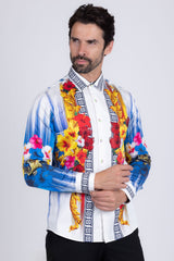 Barabas Wholesale Men's Rhinestone Floral Tiger Greek Pattern shirts SPR612 White Blue