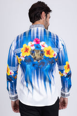 Barabas Wholesale Men's Rhinestone Floral Tiger Greek Pattern shirts SPR612 White Blue