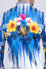 Barabas Wholesale Men's Rhinestone Floral Tiger Greek Pattern shirts SPR612 White Blue