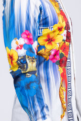 Barabas Wholesale Men's Rhinestone Floral Tiger Greek Pattern shirts SPR612 White Blue